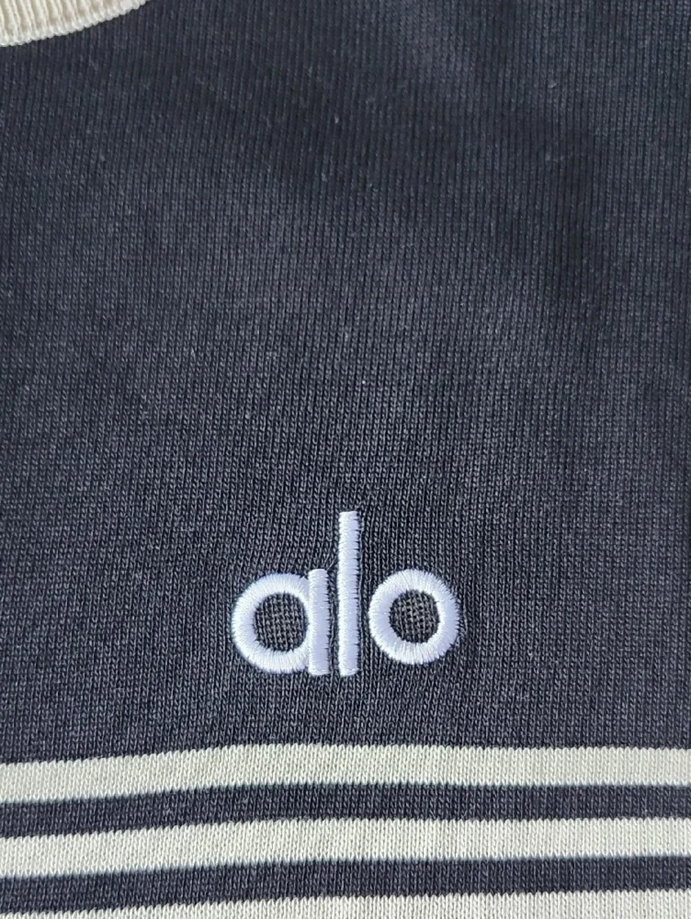 Alo Yoga Tennis Club Striped Knit Pullover Sweater Black Ivory - Picture 2 of 7